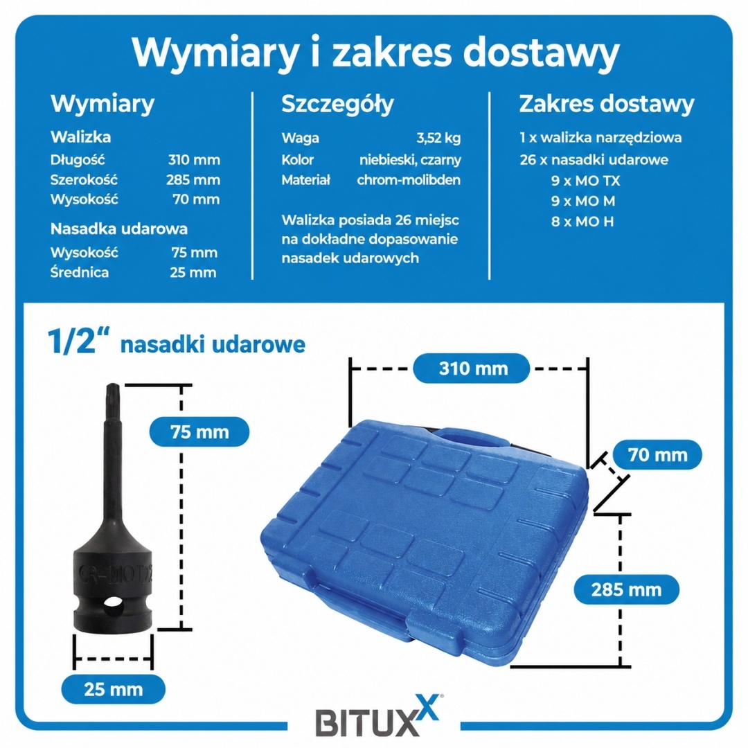 Bituxx 26dílná sada nástrčných klíčů 1/2″ - nástrčné klíče, Torx a vícedrážkové bity, profesionální sada M19607